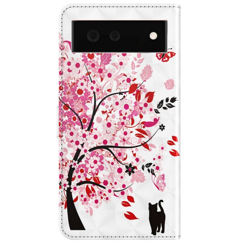 Folio-hoesje voor Google Pixel 6A Met Ketting Boom En Kat Met Bandjes
