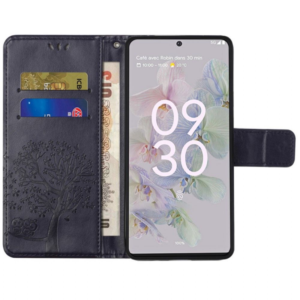 Folio-hoesje voor Google Pixel 6A Uil Boom Met Lanyard
