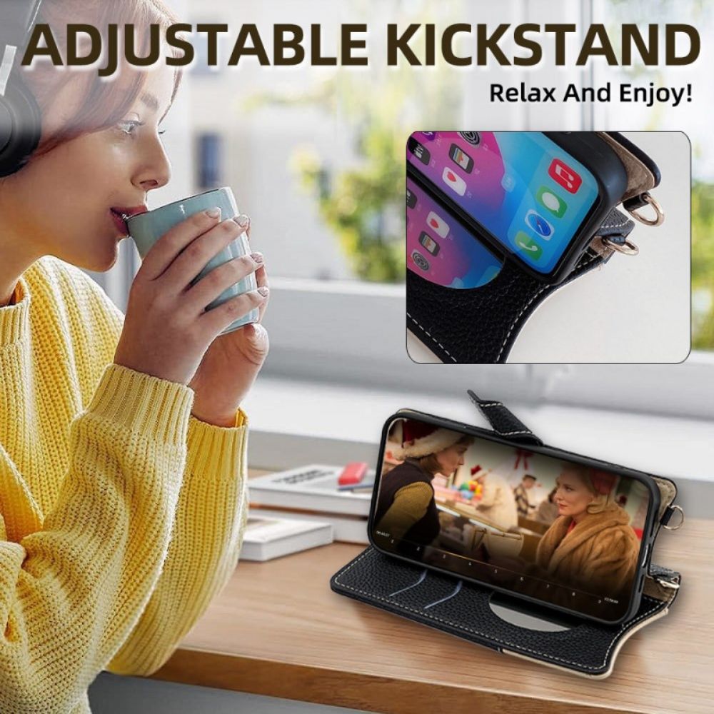 Flip Case Leren Realme C71 Tweekleurige Portemonnee Met Spiegel En Schouderband