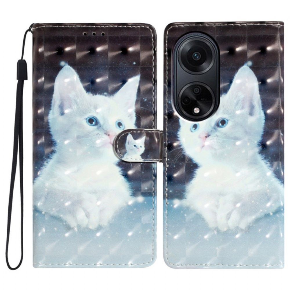 Leren Hoesje Oppo A98 5g 3d Witte Kat Met Riem Bescherming Hoesje