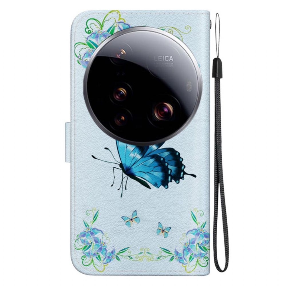 Flip Case Leren Xiaomi 15 Ultra Blauwe Vlinder En Bloemen