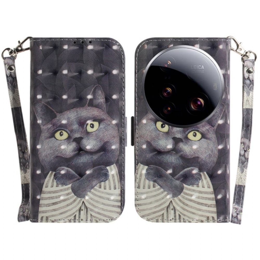 Folio-hoesje Xiaomi 15 Ultra Grijze Kat Met Sleutelkoord