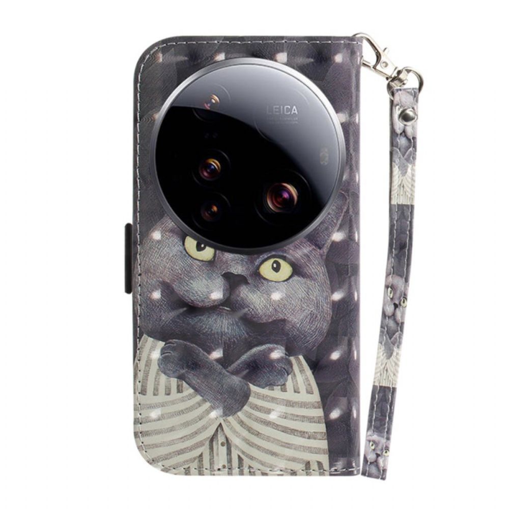 Folio-hoesje Xiaomi 15 Ultra Grijze Kat Met Sleutelkoord