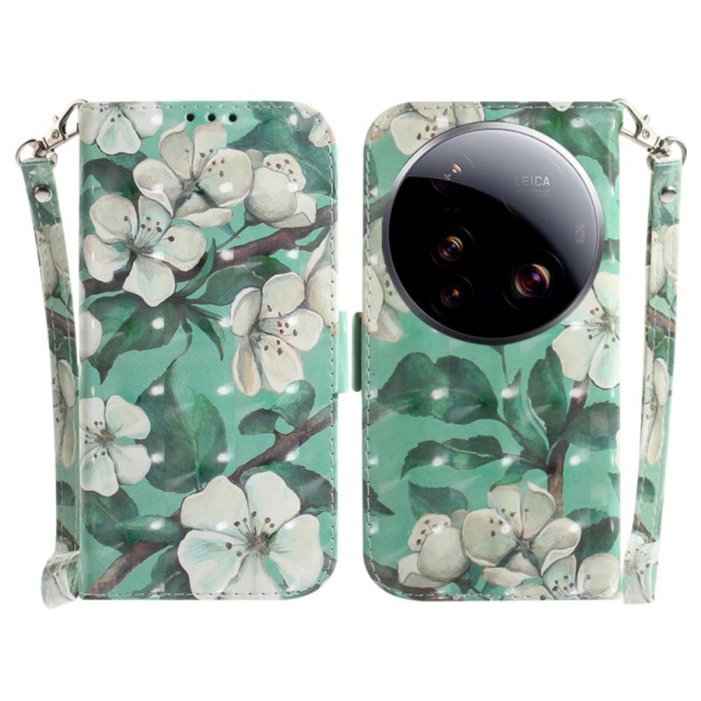 Folio-hoesje Xiaomi 15 Ultra Telefoonhoesje Witte Bloemen Met Sleutelkoord