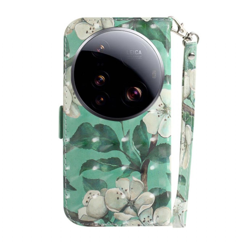 Folio-hoesje Xiaomi 15 Ultra Telefoonhoesje Witte Bloemen Met Sleutelkoord