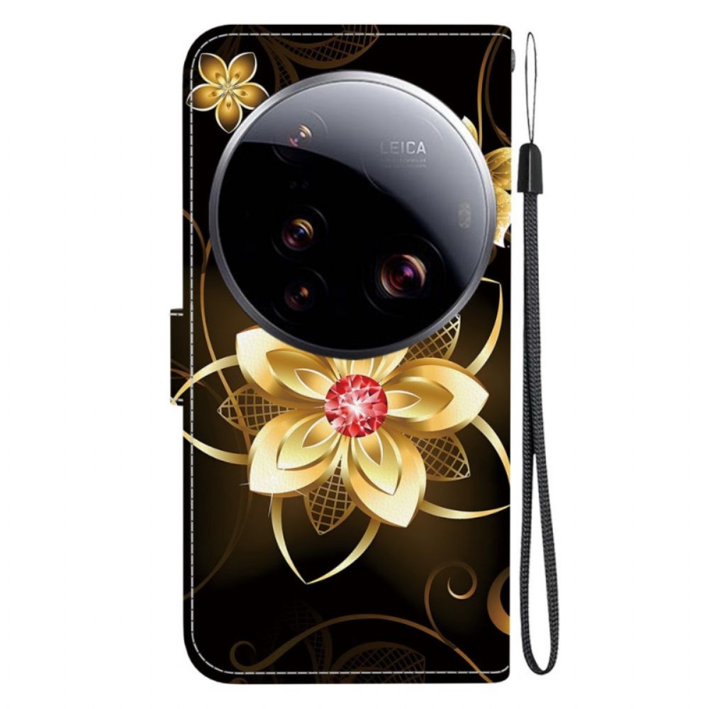 Leren Hoesje Xiaomi 15 Ultra Gouden Bloem Bescherming Hoesje