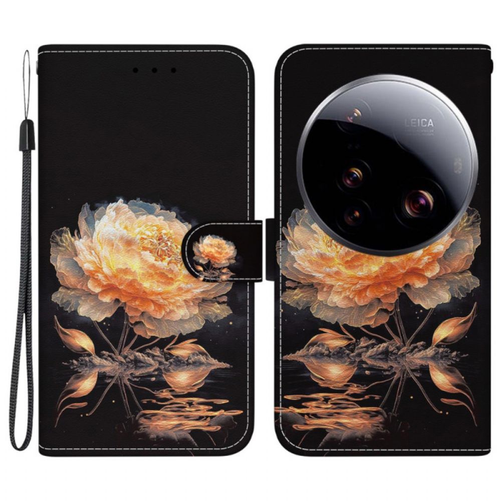 Leren Hoesje Xiaomi 15 Ultra Gouden Pioenroos Bescherming Hoesje