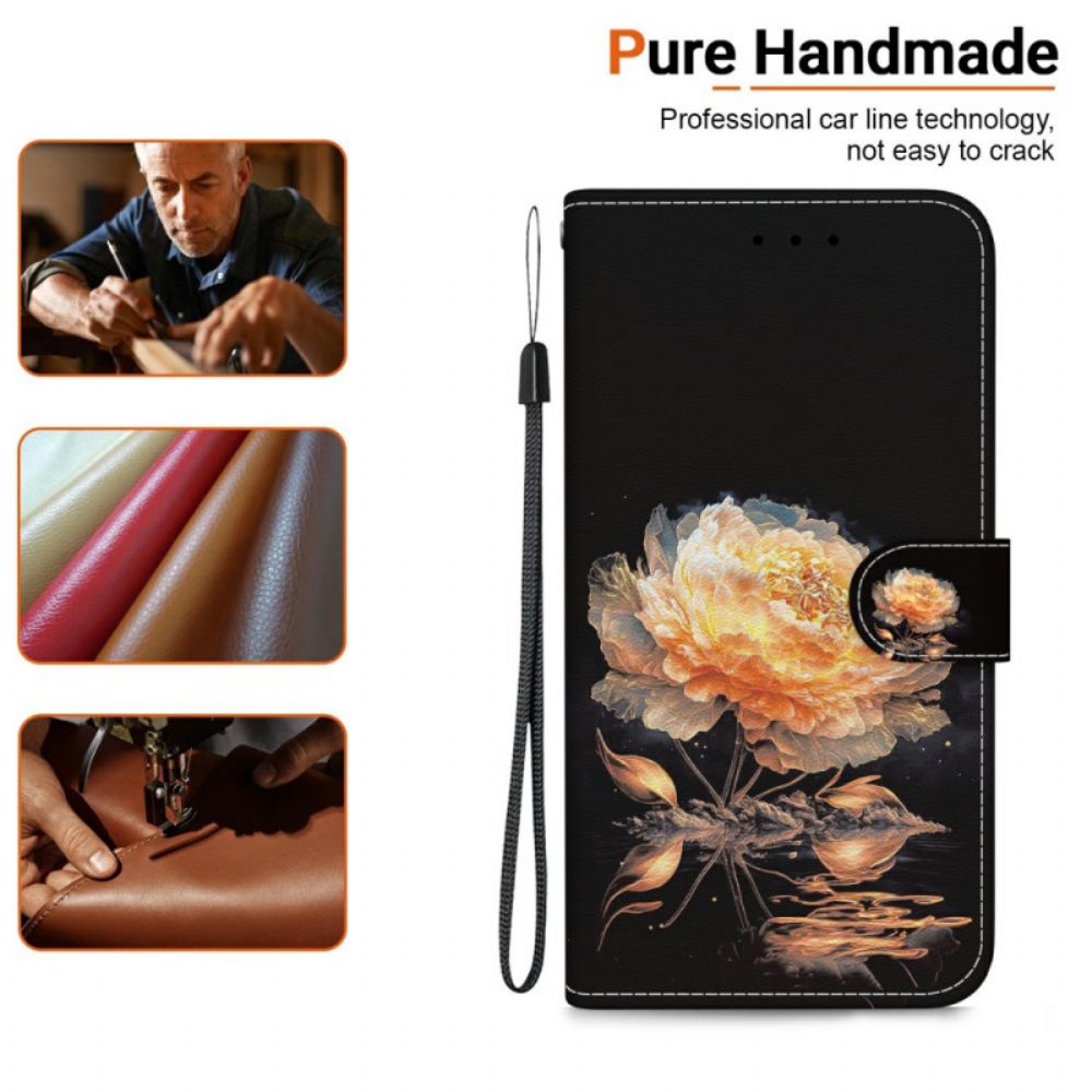 Leren Hoesje Xiaomi 15 Ultra Gouden Pioenroos Bescherming Hoesje