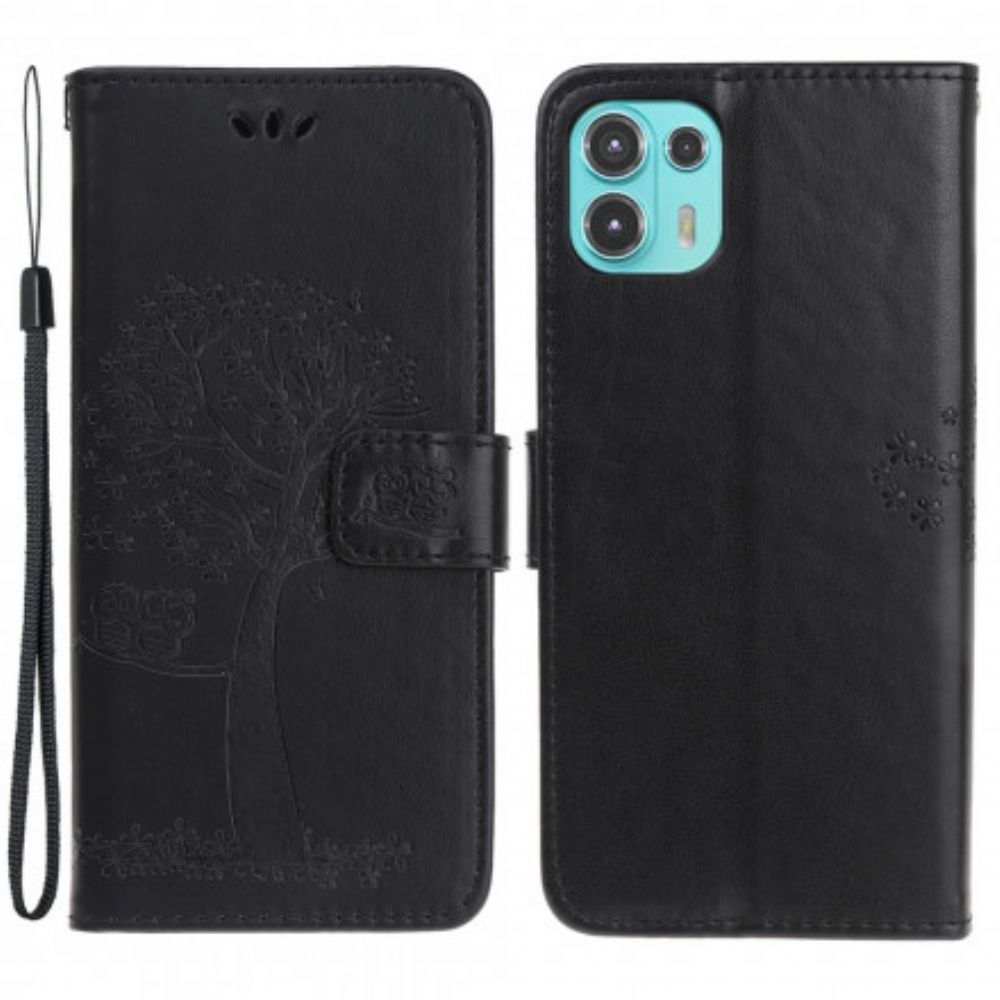 Leren Hoesje voor Motorola Edge 20 Lite Met Ketting Boom En Uilen Met Bandjes
