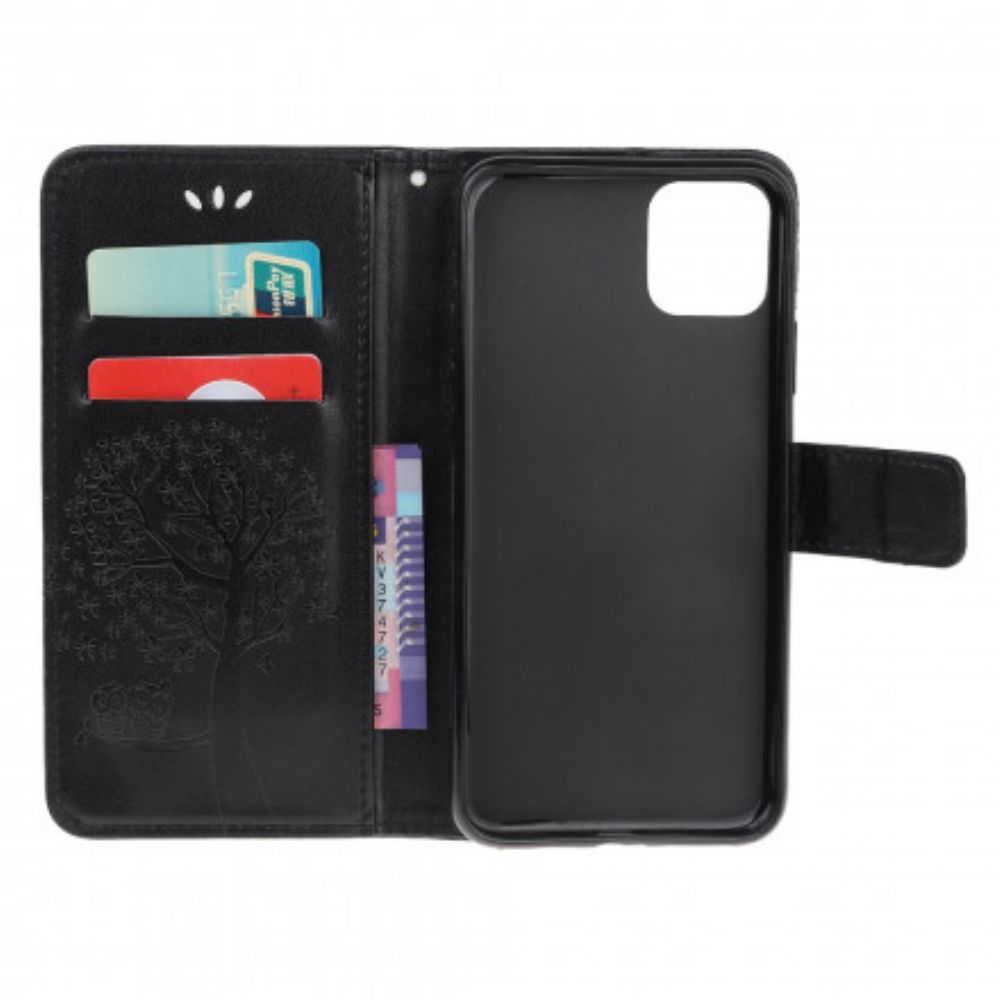 Leren Hoesje voor Motorola Edge 20 Lite Met Ketting Boom En Uilen Met Bandjes