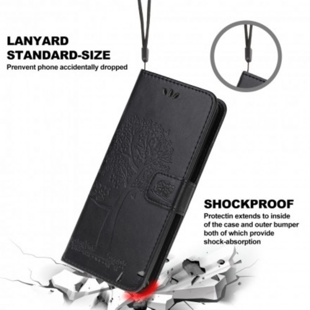 Leren Hoesje voor Motorola Edge 20 Lite Met Ketting Boom En Uilen Met Bandjes