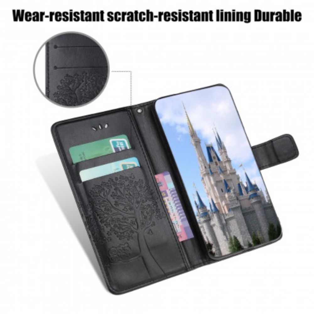 Leren Hoesje voor Motorola Edge 20 Lite Met Ketting Boom En Uilen Met Bandjes