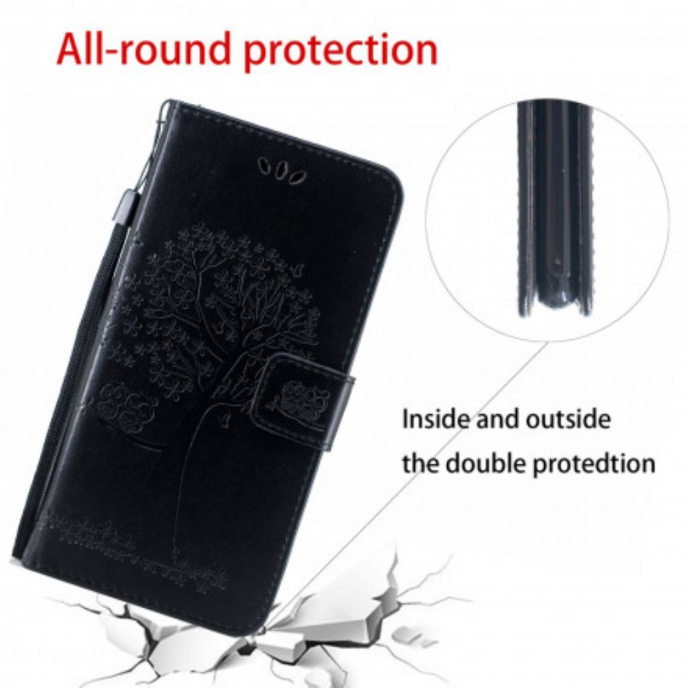 Leren Hoesje voor Motorola Edge 20 Lite Met Ketting Boom En Uilen Met Bandjes