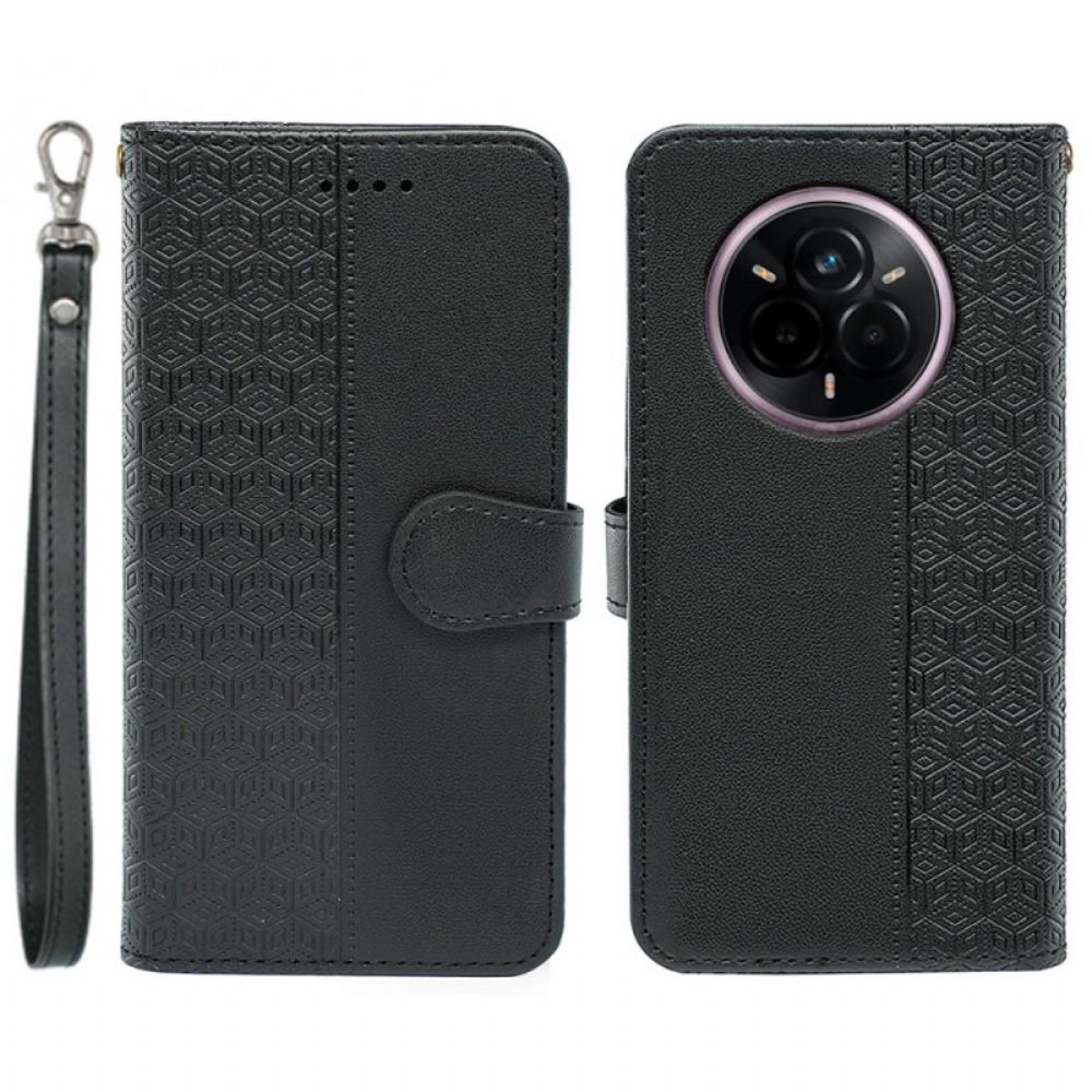 Leren Hoesje Voor Realme 14 Pro Plus 5g Bandje Met Kubistisch Patroon