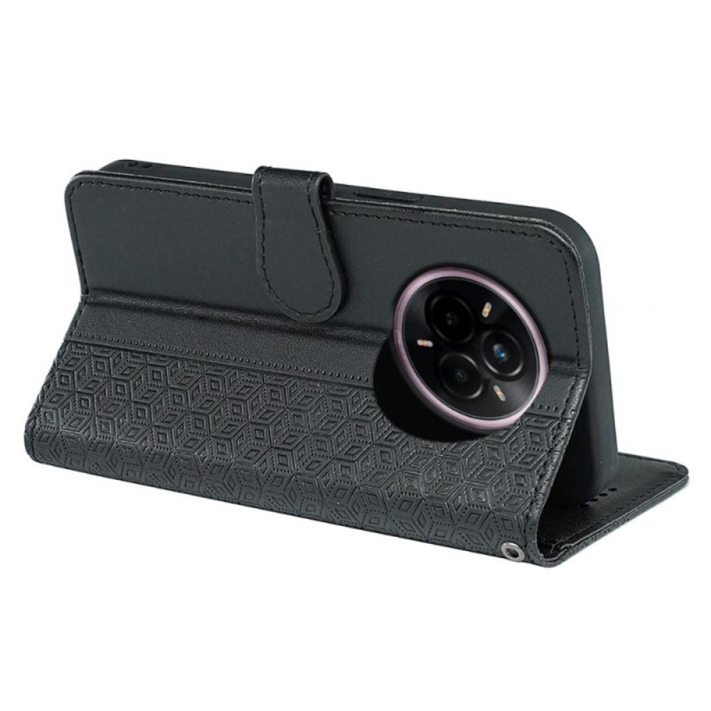 Leren Hoesje Voor Realme 14 Pro Plus 5g Bandje Met Kubistisch Patroon