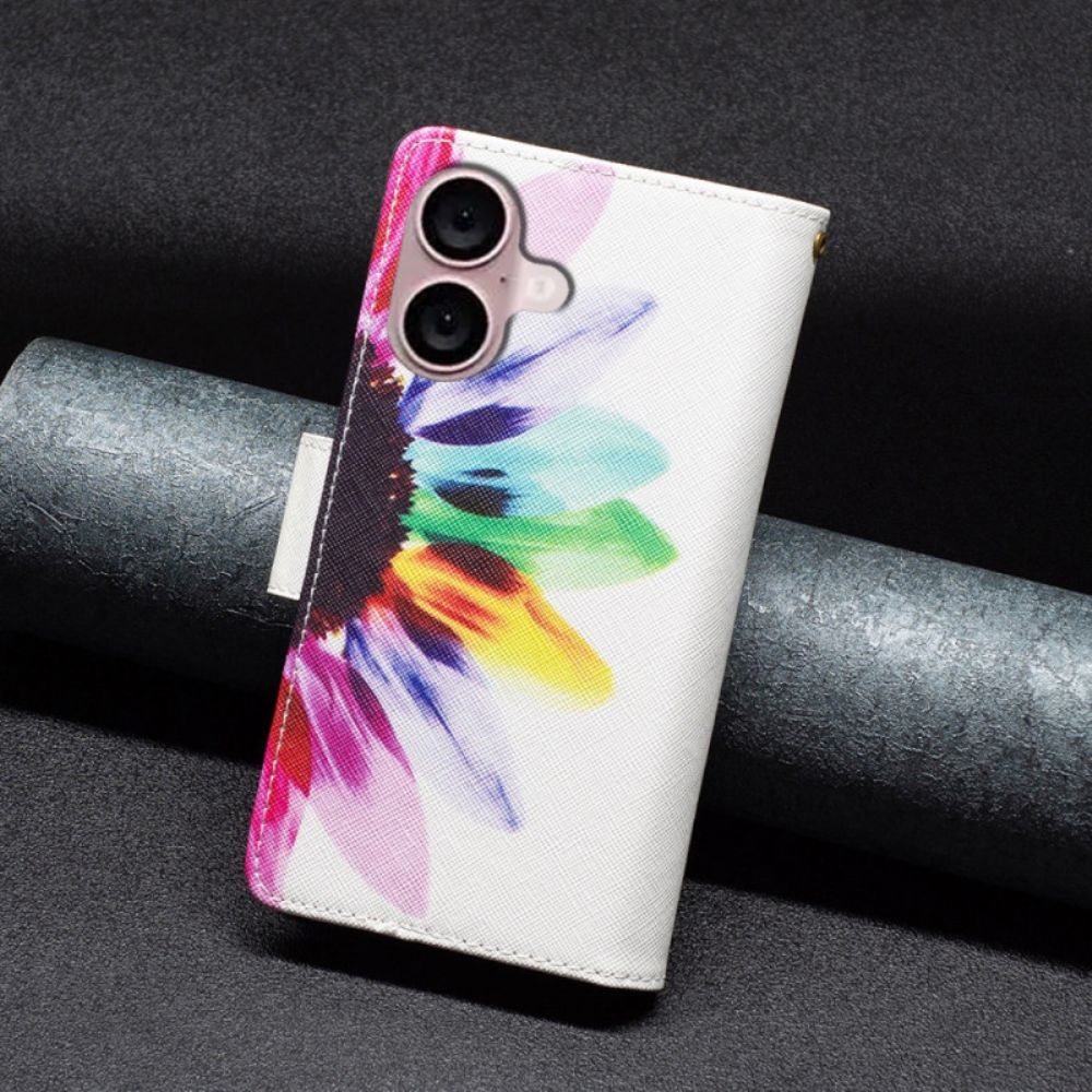 Leren Hoesje iPhone 16 Portemonnee Met Aquarelbloemen