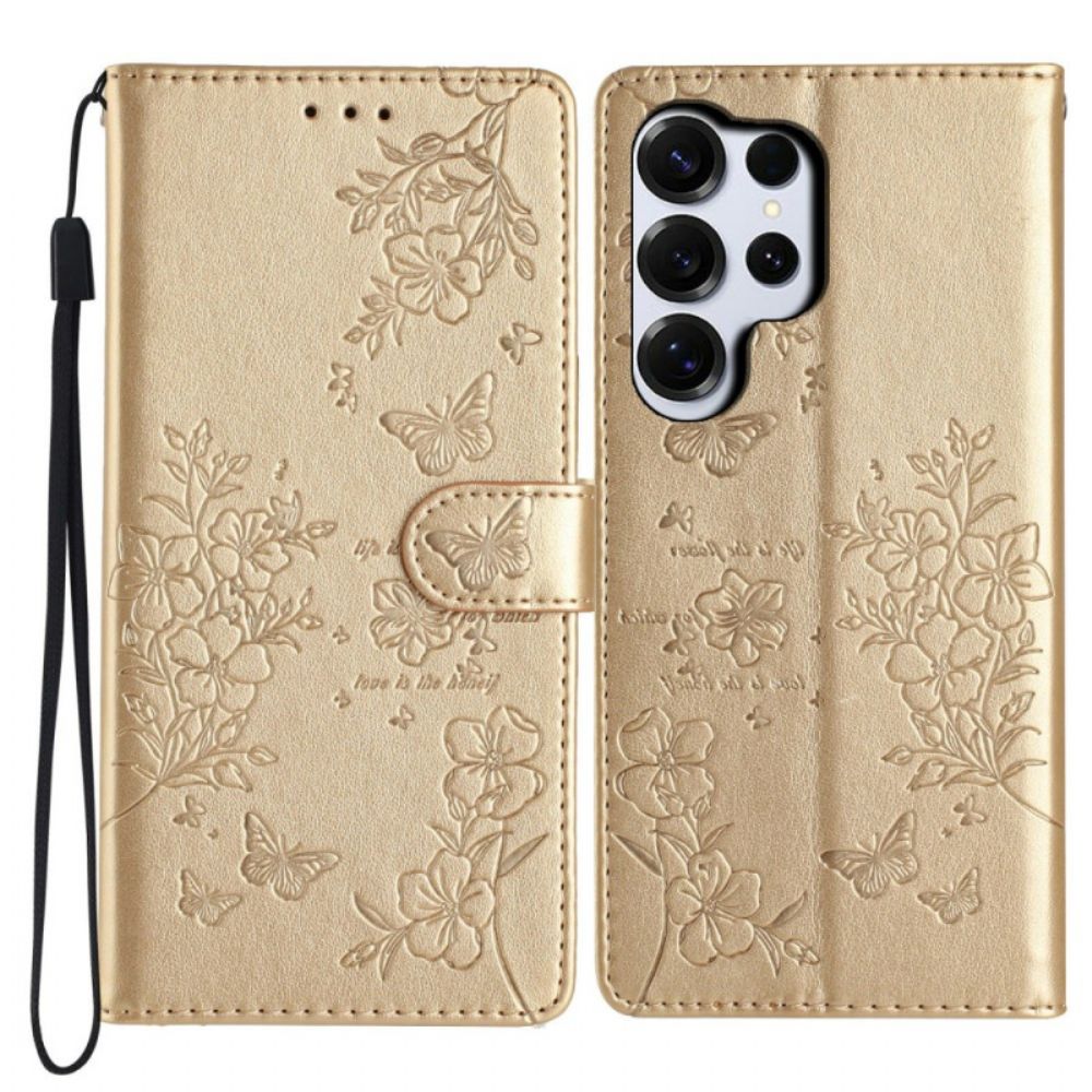 Leren Hoesje Samsung Galaxy S26 Ultra Bloemen Met Vlinders
