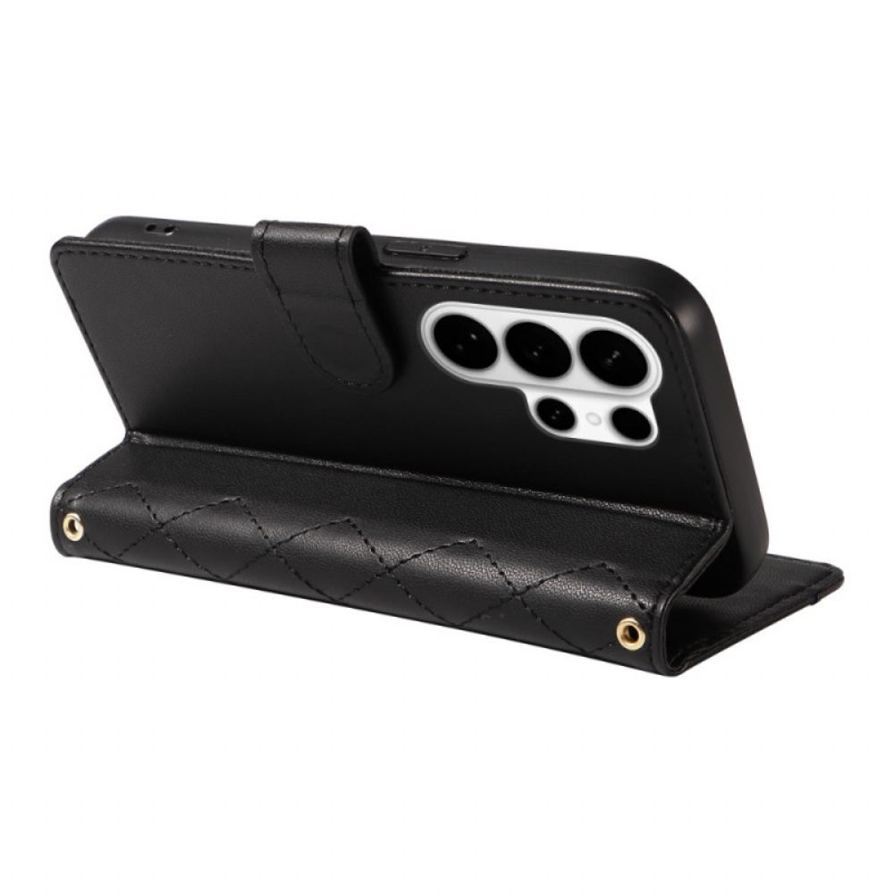 Leren Hoesje Samsung Galaxy S26 Ultra Gewatteerd Met Riempje En Schouderriem Bescherming Hoesje