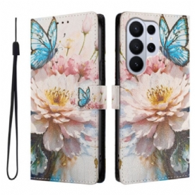 Leren Hoesje Samsung Galaxy S26 Ultra Pioenroos En Vlinder Bescherming Hoesje