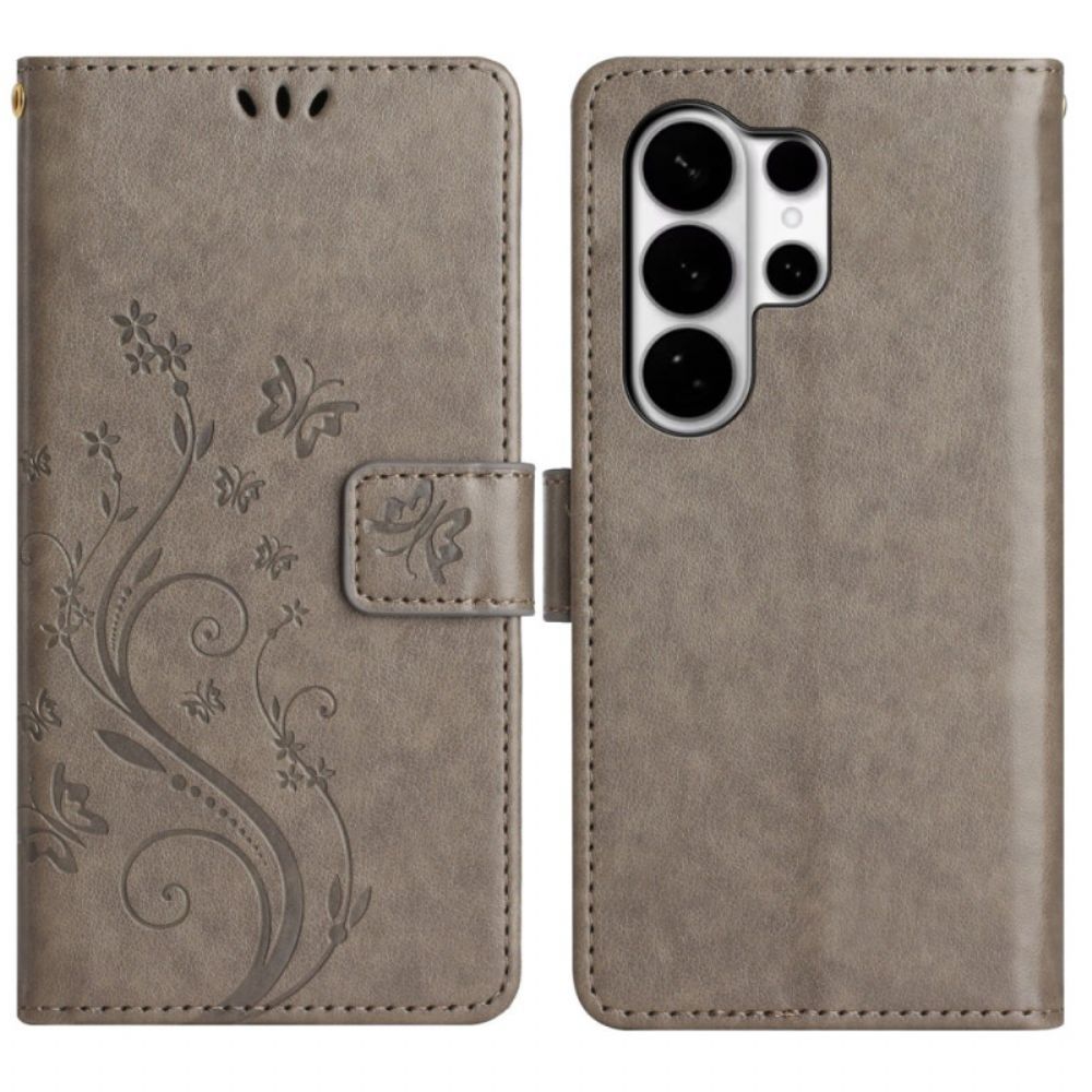 Leren Hoesje Samsung Galaxy S26 Ultra Vlinder En Bloemen Bescherming Hoesje
