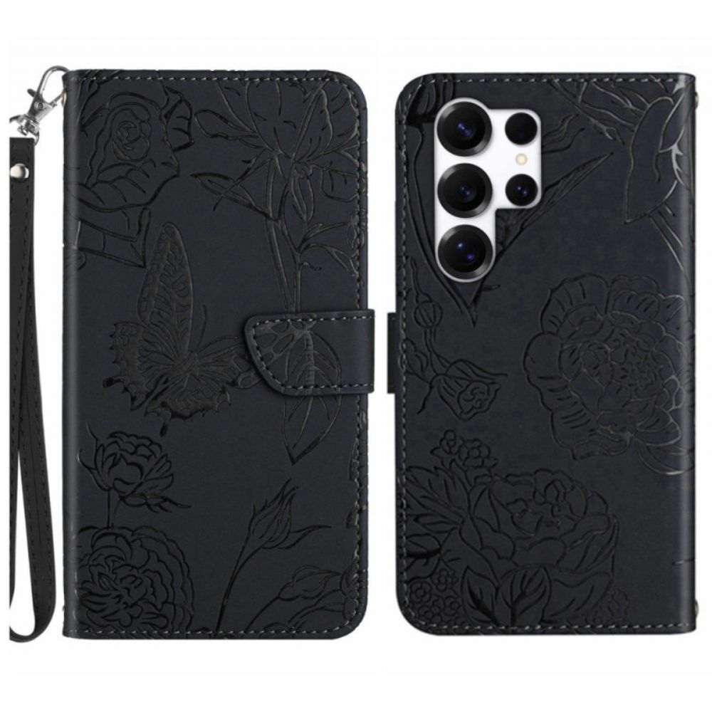 Leren Hoesje Voor Samsung Galaxy S26 Ultra Bandje Met Vlinderprint