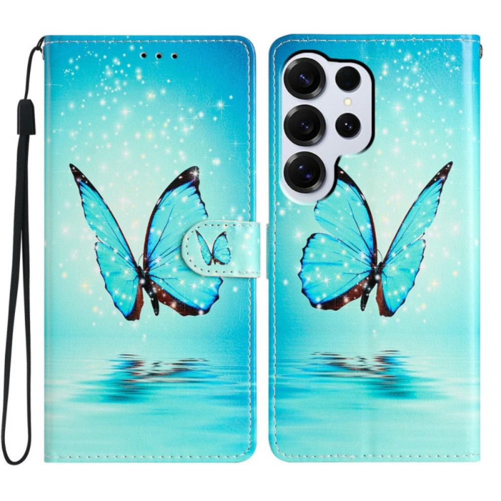Leren Hoesje Voor Samsung Galaxy S26 Ultra Blauwe Vlinder Op Het Water