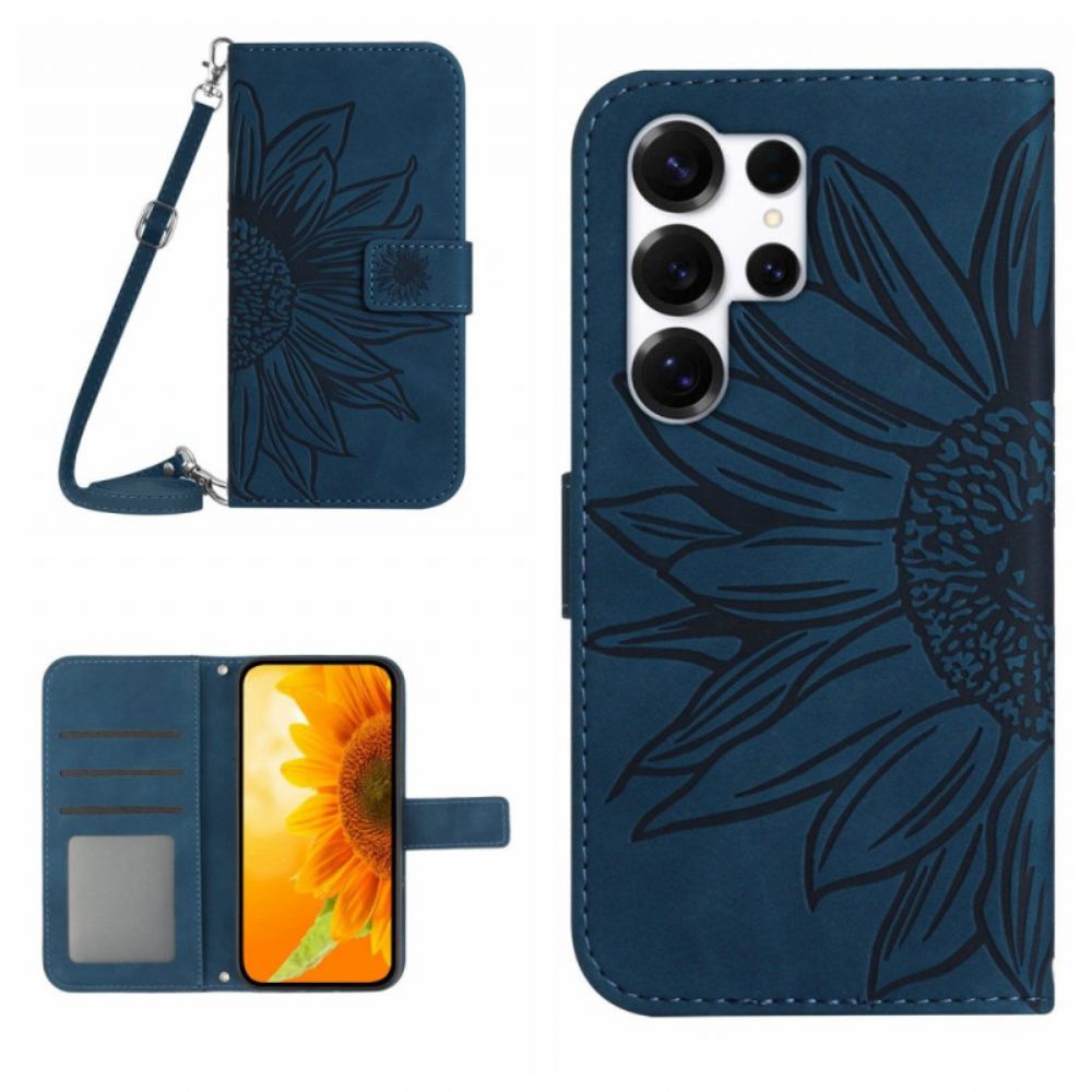 Leren Hoesje Voor Samsung Galaxy S26 Ultra Schoudertas Met Zonnebloemprint