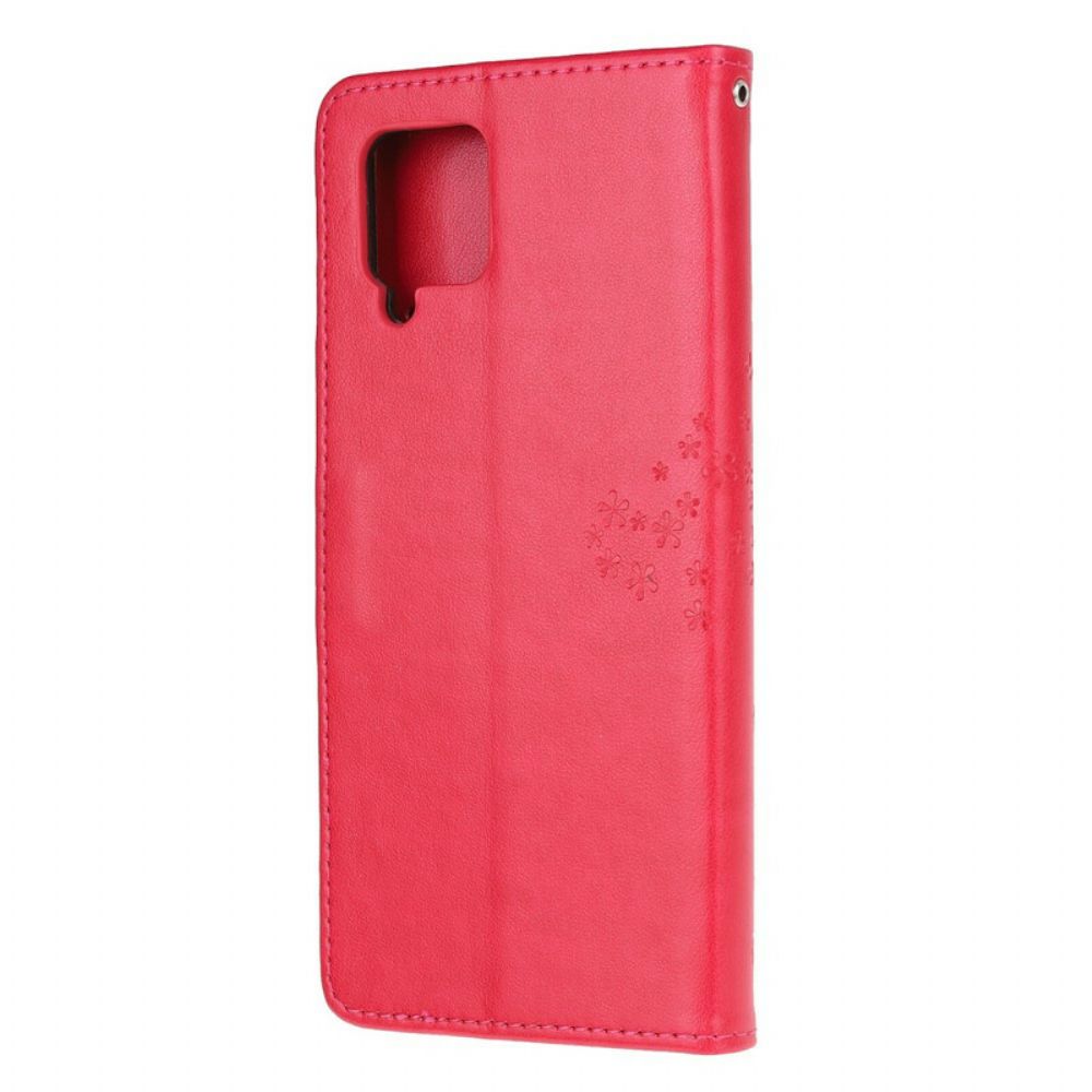 Leren Hoesje voor Samsung Galaxy A12 / M12 Met Ketting Boom En Uilen Met Bandjes