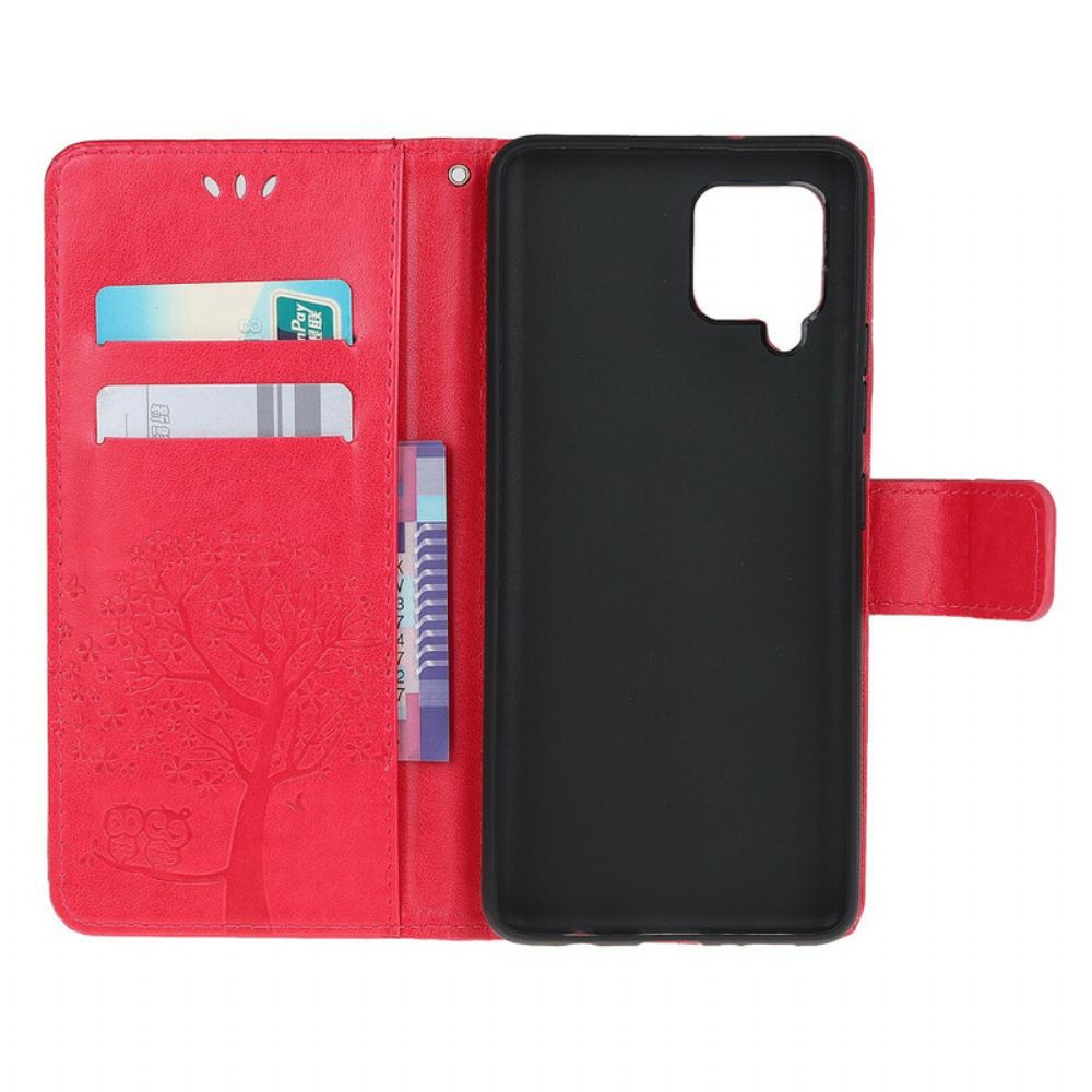 Leren Hoesje voor Samsung Galaxy A12 / M12 Met Ketting Boom En Uilen Met Bandjes