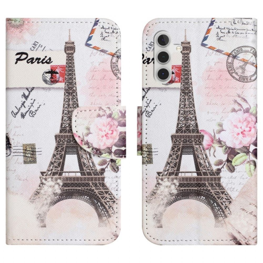 Leren Hoesje Samsung Galaxy A55 5g Vintage Eiffeltoren Bescherming Hoesje