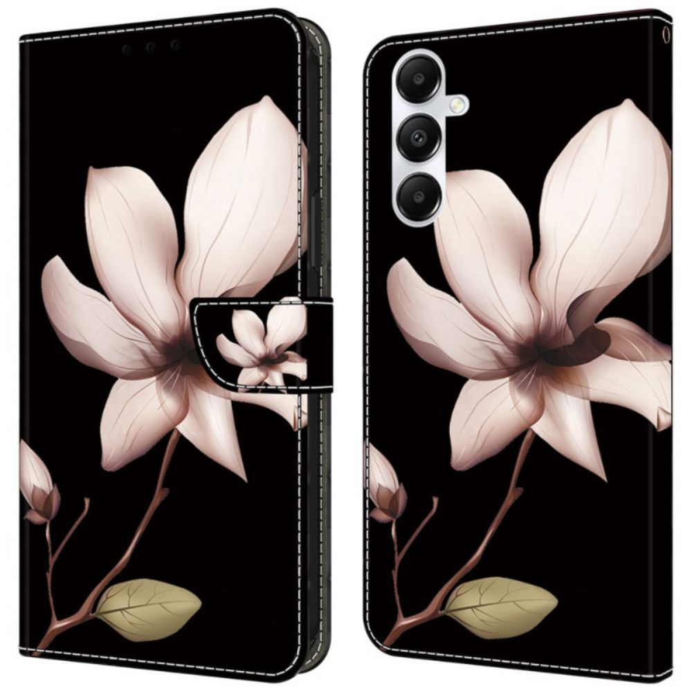 Leren Hoesje Voor Samsung Galaxy A55 5g Roze Bloemen Op Zwarte Achtergrond