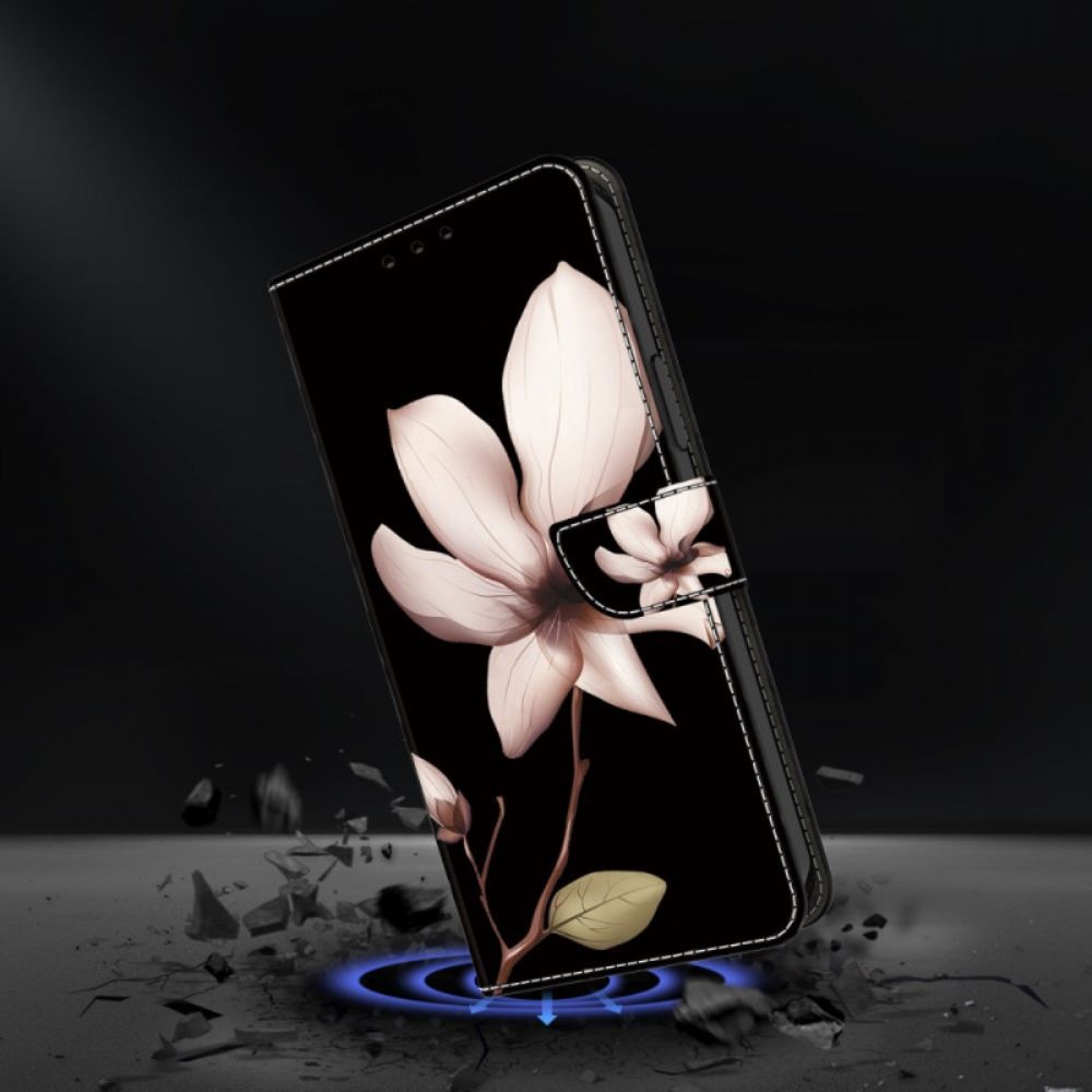 Leren Hoesje Voor Samsung Galaxy A55 5g Roze Bloemen Op Zwarte Achtergrond