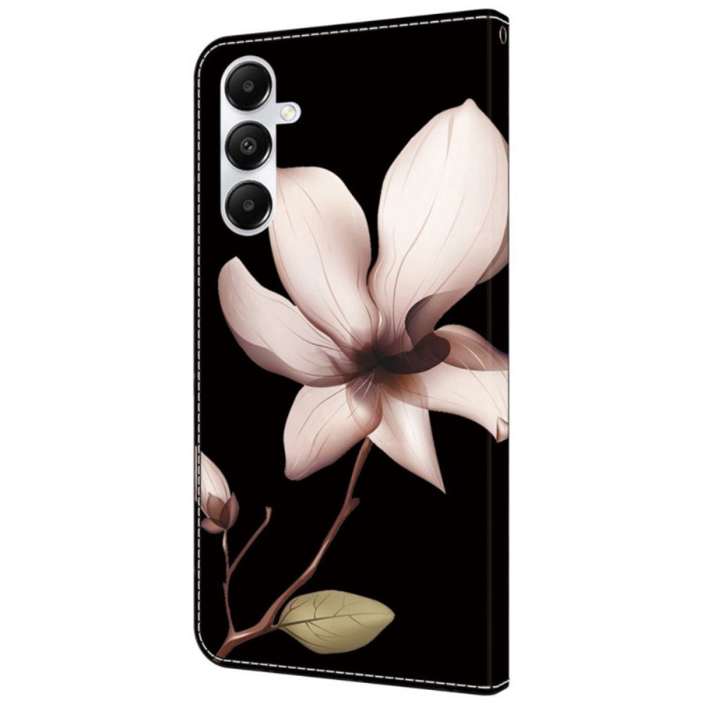 Leren Hoesje Voor Samsung Galaxy A55 5g Roze Bloemen Op Zwarte Achtergrond