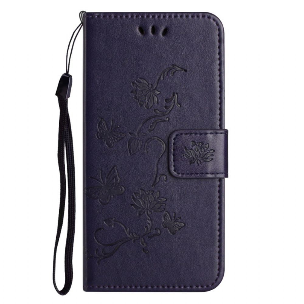 Leren Hoesje Voor Samsung Galaxy A55 5g Vlinders En Bloemen Design Met Draagkoord
