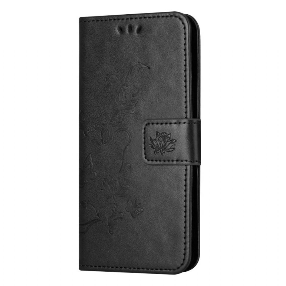 Leren Hoesje Voor Samsung Galaxy A55 5g Vlinders En Bloemen Design Met Draagkoord