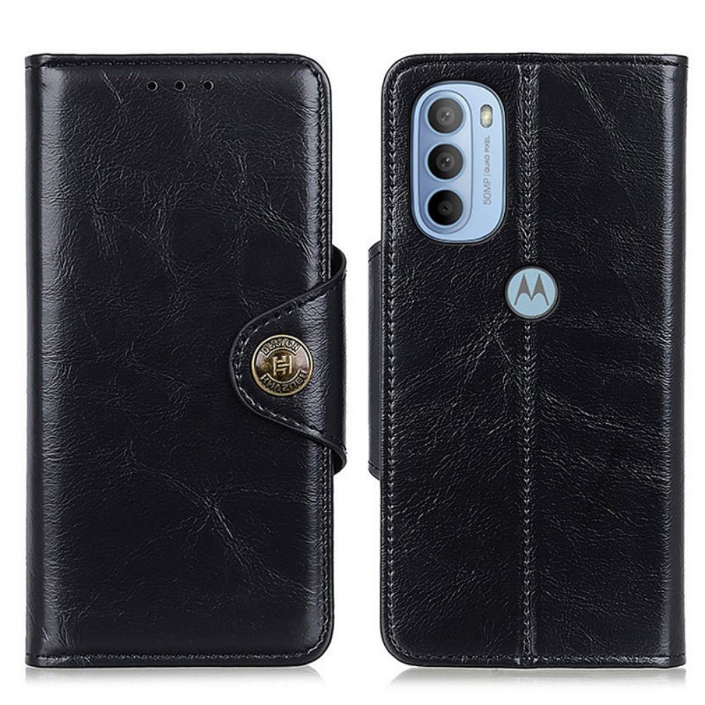 Leren Hoesje voor Moto G31 / Moto G41 Knoop Van Imitatieleer Lakleer Khazneh