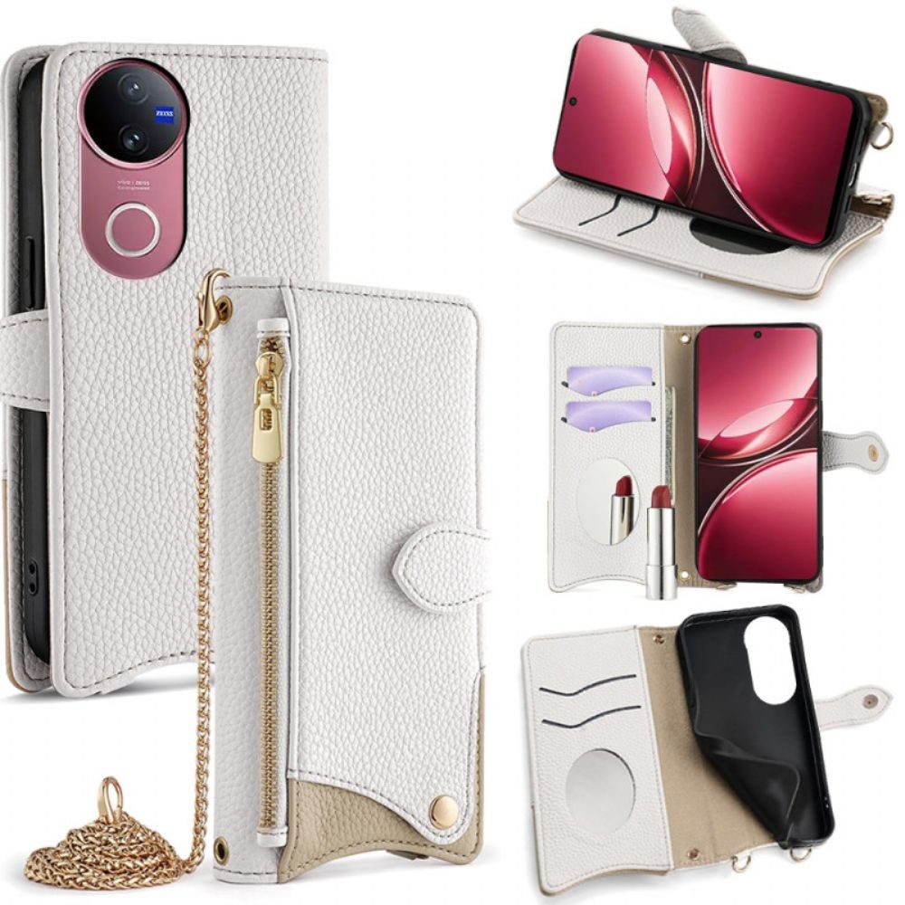 Bescherming Hoesje Vivo V50 5g Portemonnee Met Leerlook En Ketting
