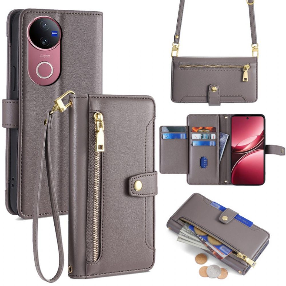 Leren Hoesje Vivo V50 5g Portemonnee Met Riem En Schouderband Bescherming Hoesje