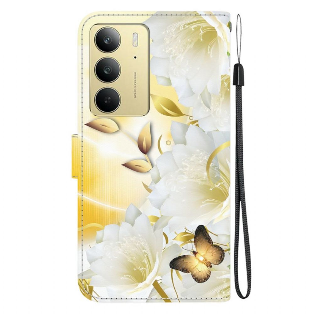 Leren Hoesje Voor Realme C75 Gouden Vlinders En Witte Bloemen