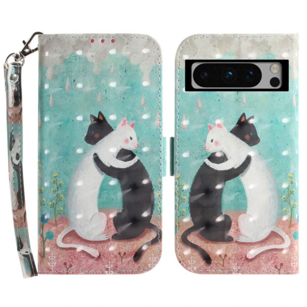 Leren Hoesje Voor Google Pixel 8 Pro Zwarte Kat Witte Kat Met Riem