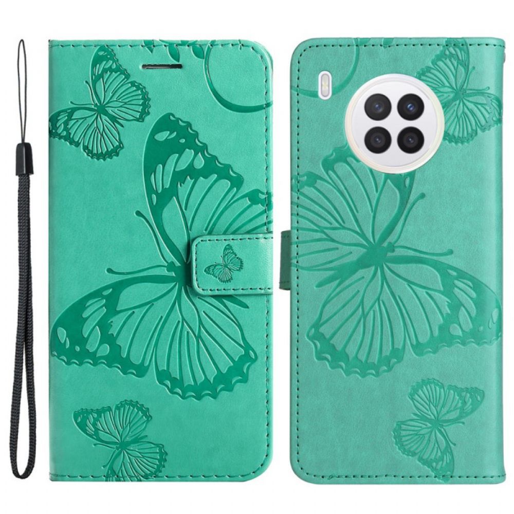 Leren Hoesje voor Huawei Nova 8i / Honor 50 Lite Met Ketting Reuzenvlinders Met Bandjes