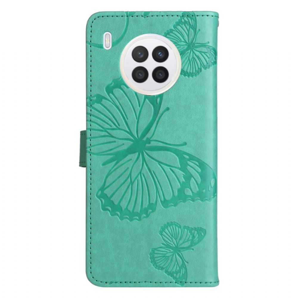 Leren Hoesje voor Huawei Nova 8i / Honor 50 Lite Met Ketting Reuzenvlinders Met Bandjes
