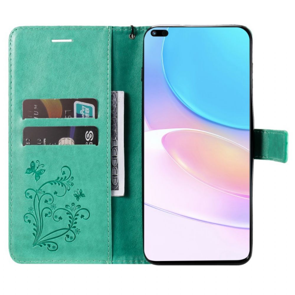 Leren Hoesje voor Huawei Nova 8i / Honor 50 Lite Met Ketting Reuzenvlinders Met Bandjes