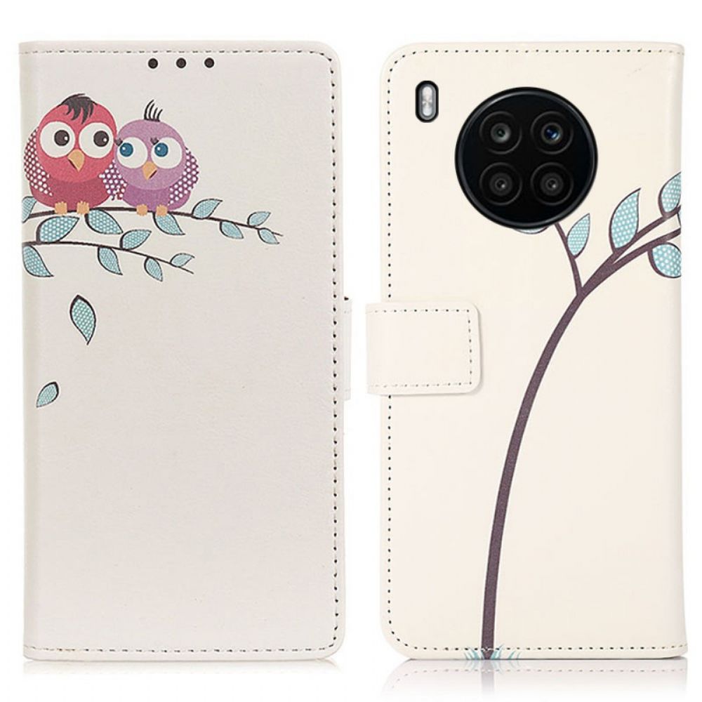 Leren Hoesje voor Huawei Nova 8i / Honor 50 Lite Paar Uilen In De Boom