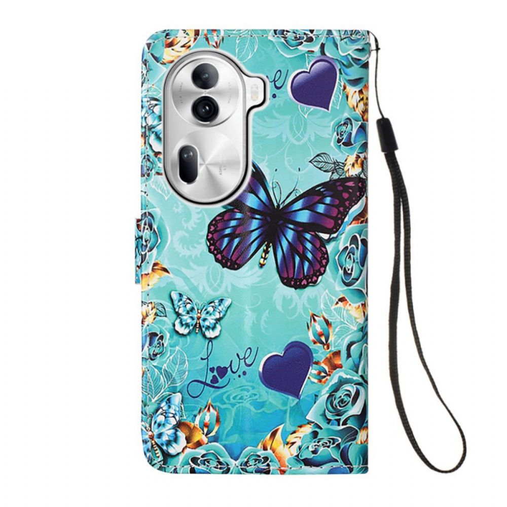 Leren Hoesje Oppo Reno 11 Pro 5g Vlinders En Harten Met Riempje Bescherming Hoesje