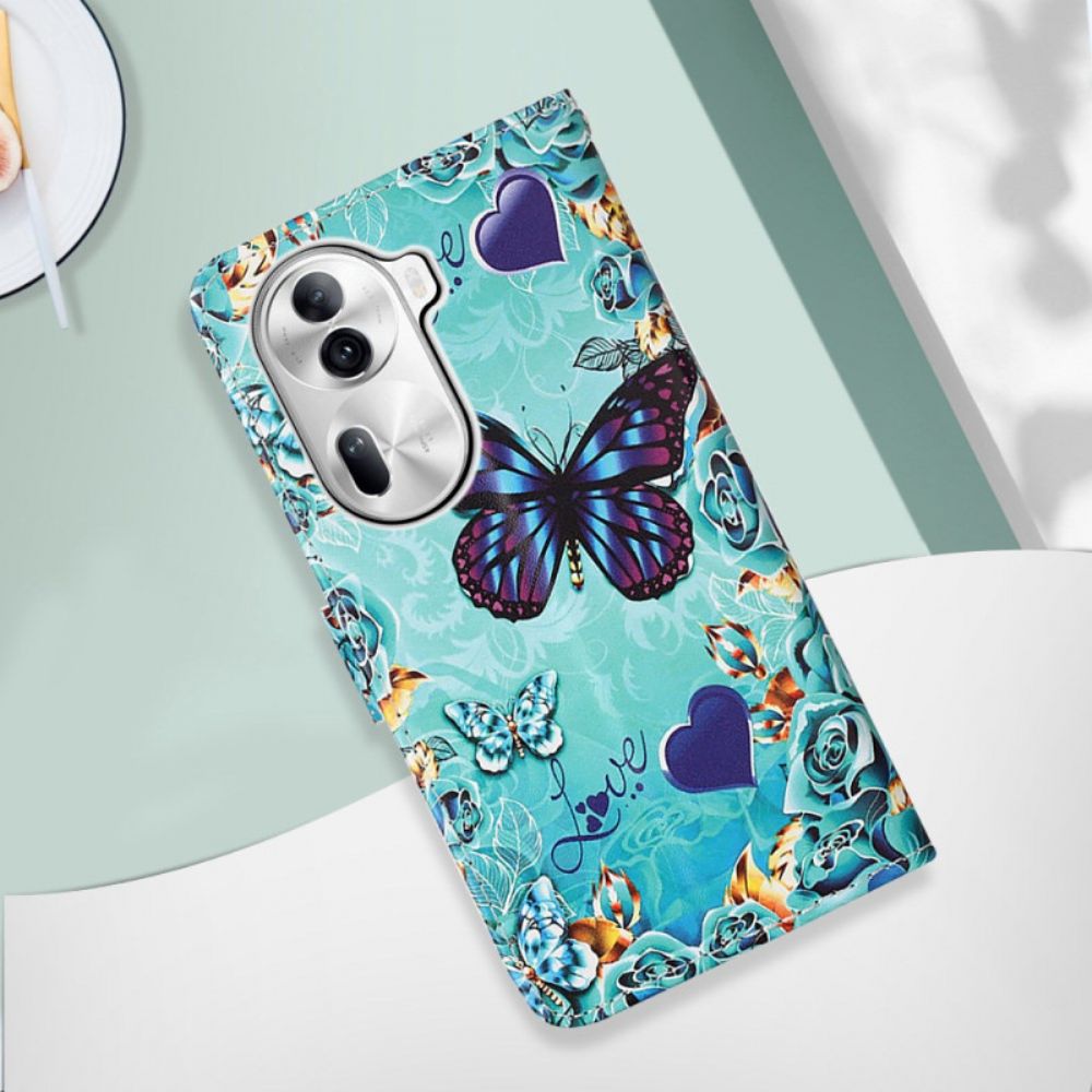 Leren Hoesje Oppo Reno 11 Pro 5g Vlinders En Harten Met Riempje Bescherming Hoesje