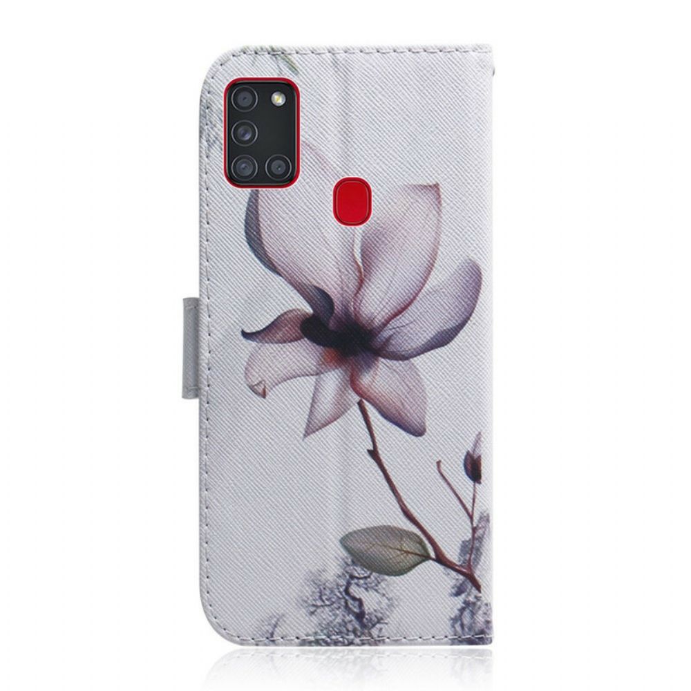 Leren Hoesje voor Samsung Galaxy A21s Oud Roze Bloem
