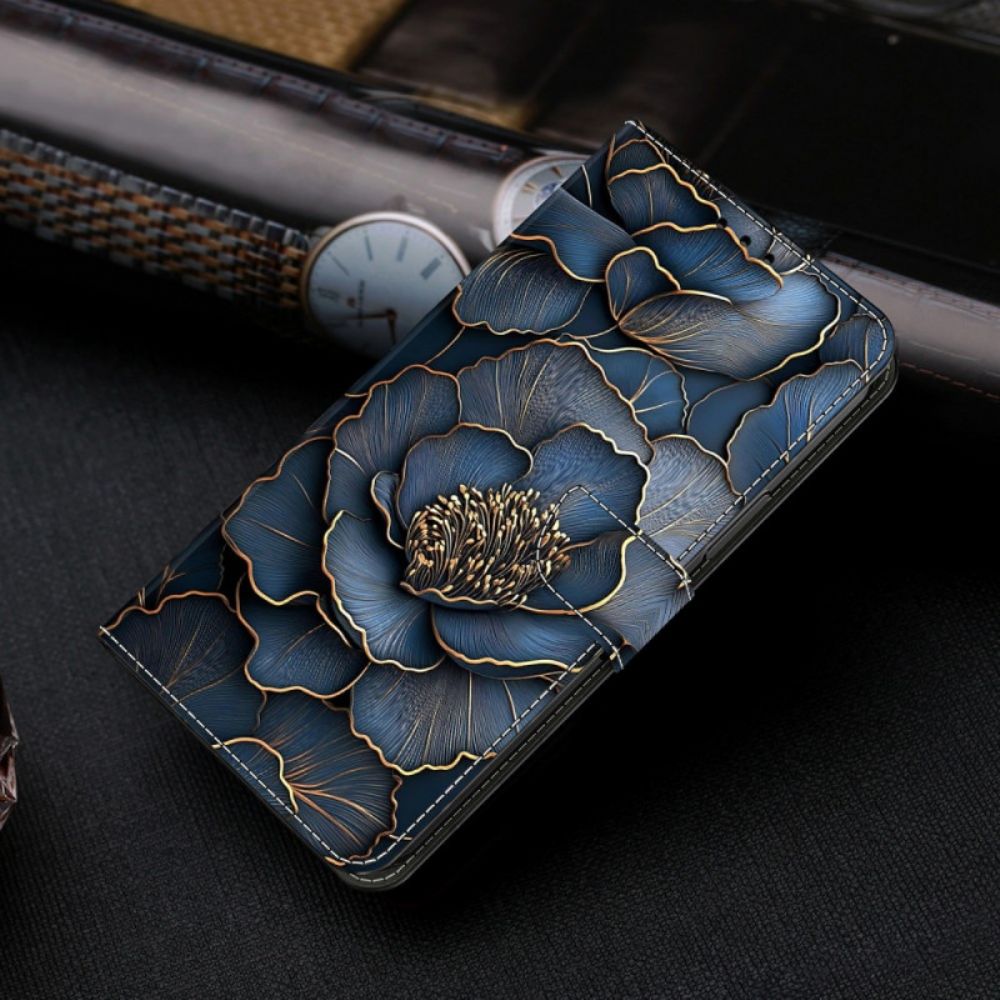 Leren Hoesje Samsung Galaxy S26 Blauwgouden Pioenroos Bescherming Hoesje