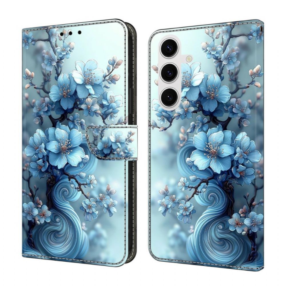 Leren Hoesje Samsung Galaxy S26 Ijsblauwe Bloemen Bescherming Hoesje