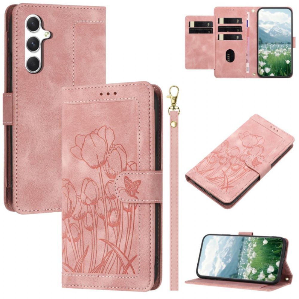 Leren Hoesje Samsung Galaxy S26 Portemonnee Met Bloemenprint En 5 Kaartsleuven